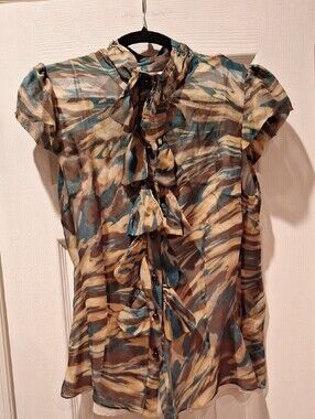 Milly of New York - Teal Brown Cream Abstract Camo Ruffle Sheer Silk Blouse - 10